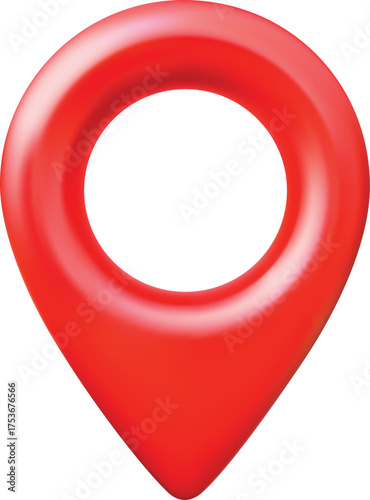 GPS navigation icon, 3D pin on the map, front view, red.