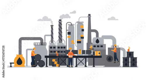 Industrial Factory and Workers illustration representing manufacturing and production processes in an energy plant