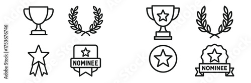 Collection of award symbols featuring trophies, laurels, and nomination badges in a minimalist style
