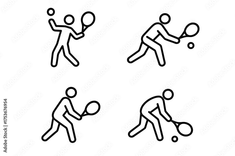 Naklejka premium Unique tennis player actions illustrated in four distinct poses showcasing different skills during a match