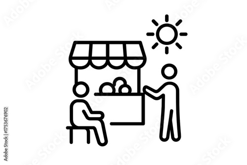 Busy market stall on a sunny day with people interacting and enjoying the atmosphere