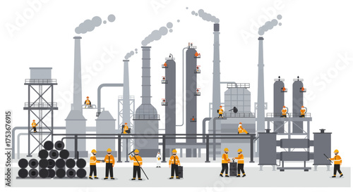 Industrial landscape with a large factory complex and workers, representing manufacturing and production processes