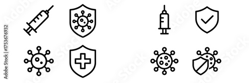 Icons representing vaccination, health, and safety measures related to infectious diseases in a modern design