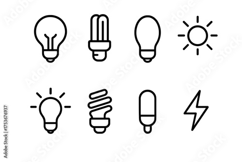 Different types of light bulbs and symbols representing sunlight and electricity