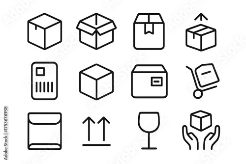 Collection of line icons representing packaging, shipping, and handling in a simple, modern style