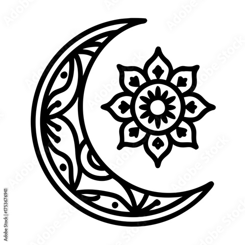 Illustration of intricate crescent moon and star mandala design, evoking the spirit of ramadan and eid, a symbol of faith and tradition