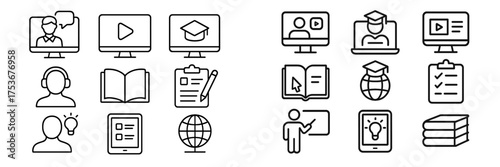 Diverse online learning icons representing virtual education tools and resources for modern students