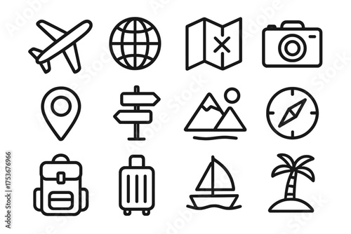 Travel icons representing adventure, exploration, and destination planning around the world