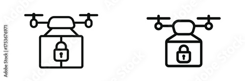 Two different drone icons with a secure locked box design representing package delivery and security