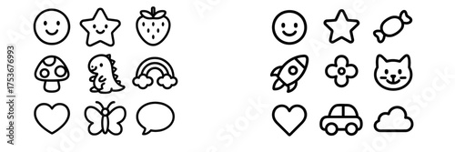 Colorful fun drawings of smiling faces, animals, and cheerful objects on a white background
