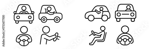 Various car icons showing people driving and seated in vehicles during different actions and perspectives
