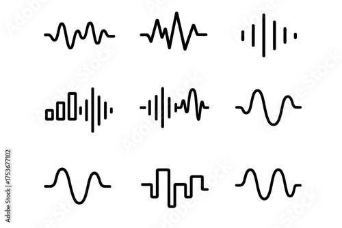 Various wave patterns and sound visualizations in a grid layout illustrating rhythm and frequency concepts