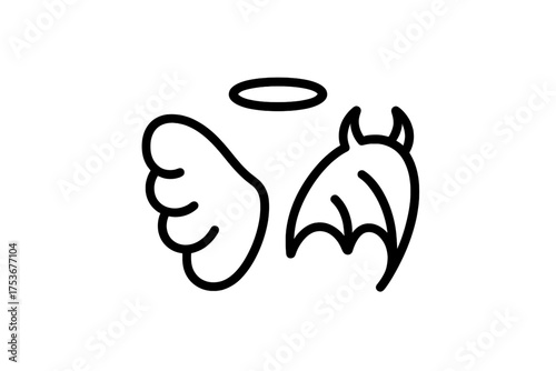 Duality of good and evil represented with angel wings and devil horns in simple line art