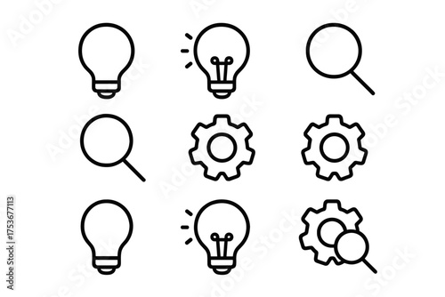Creative design elements showcasing light bulbs, magnifying glasses, and gears in a minimalist style