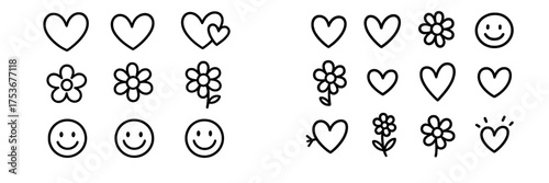 Collection of simple heart, flower, and smiley face doodles on a light background created by hand with black ink for creative projects