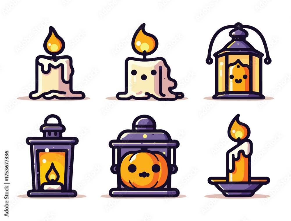 Fototapeta premium Halloween Glowing Candle and Lantern Vector Bundle in Cartoon Style. Cute Hand-Drawn Halloween Candle and Lantern Vector Illustrations