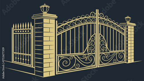 Luxury Golden Decorative Gate Designs in Ornamental Vintage and Art Deco Style for Architectural and Artistic Projects on Dark Background Vector Illustration