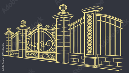 Luxury Golden Decorative Gate Designs in Ornamental Vintage and Art Deco Style for Architectural and Artistic Projects on Dark Background Vector Illustration