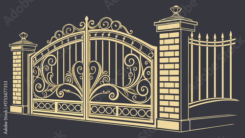 Luxury Golden Decorative Gate Designs in Ornamental Vintage and Art Deco Style for Architectural and Artistic Projects on Dark Background Vector Illustration