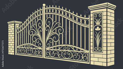 Luxury Golden Decorative Gate Designs in Ornamental Vintage and Art Deco Style for Architectural and Artistic Projects on Dark Background Vector Illustration