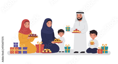 Generous Arab family sharing gifts and sweets during festive celebration