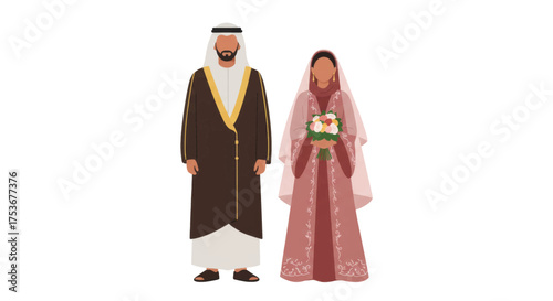 Diverse Arab Couple Celebrating Wedding and Cultural Heritage Through Traditional Attire