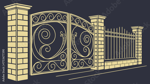 Luxury Golden Decorative Gate Designs in Ornamental Vintage and Art Deco Style for Architectural and Artistic Projects on Dark Background Vector Illustration