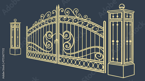 Luxury Golden Decorative Gate Designs in Ornamental Vintage and Art Deco Style for Architectural and Artistic Projects on Dark Background Vector Illustration