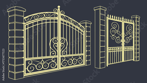 Luxury Golden Decorative Gate Designs in Ornamental Vintage and Art Deco Style for Architectural and Artistic Projects on Dark Background Vector Illustration