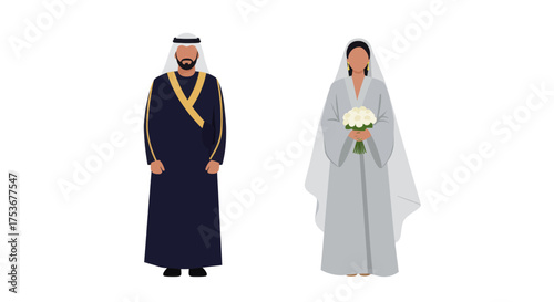 A diverse wedding couple, an Arab man in traditional attire and a bride in a white dress