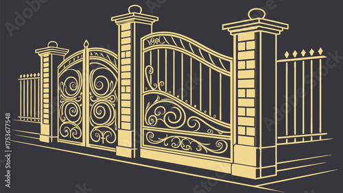 Luxury Golden Decorative Gate Designs in Ornamental Vintage and Art Deco Style for Architectural and Artistic Projects on Dark Background Vector Illustration