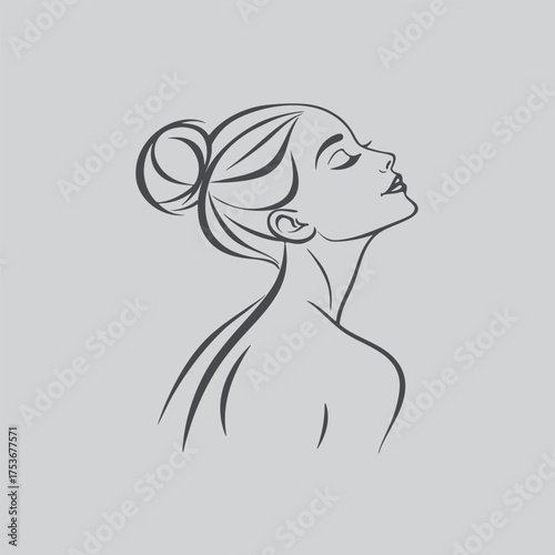 Elegant woman s face in a minimalist sketch looking upwards peacefully