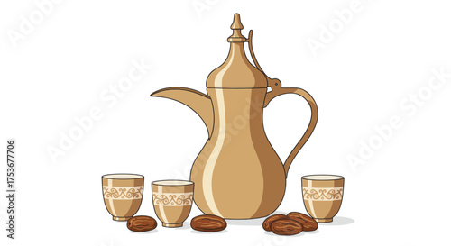 Traditional Middle Eastern Coffee Set Dallah, Finjan, and Coffee Beans Illustration