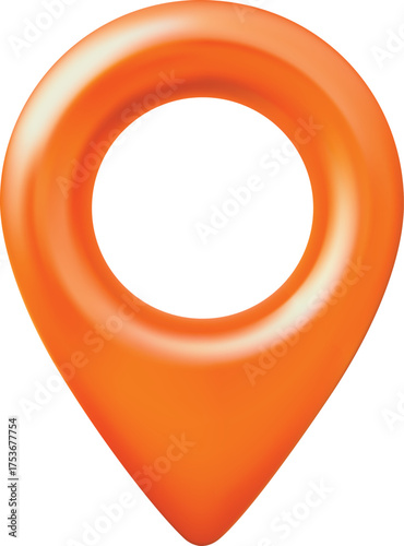 Geotag 3D vector icon, realistic orange map pin, front view, travel app navigation GPS location mark, map pointer sign