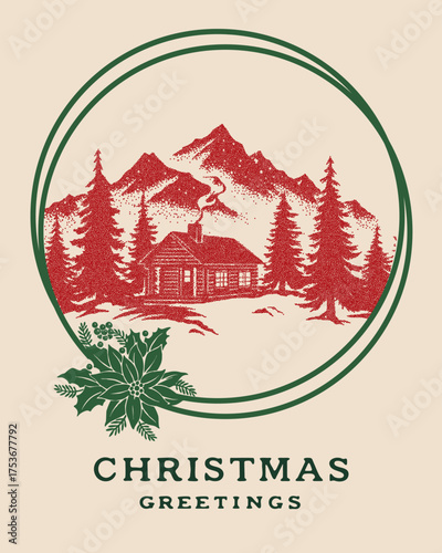  Christmas greeting card vector illustration with winter cabin in snowy mountains, pine trees and holiday wreath, retro festive landscape design for seasonal decoration and New Year celebration