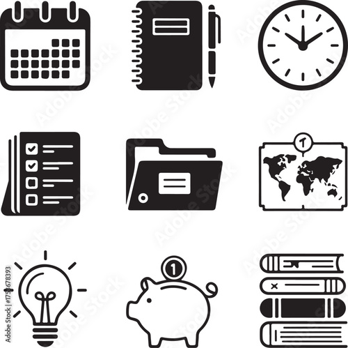 A set of nine detailed personal organizer icons with transparent background vector