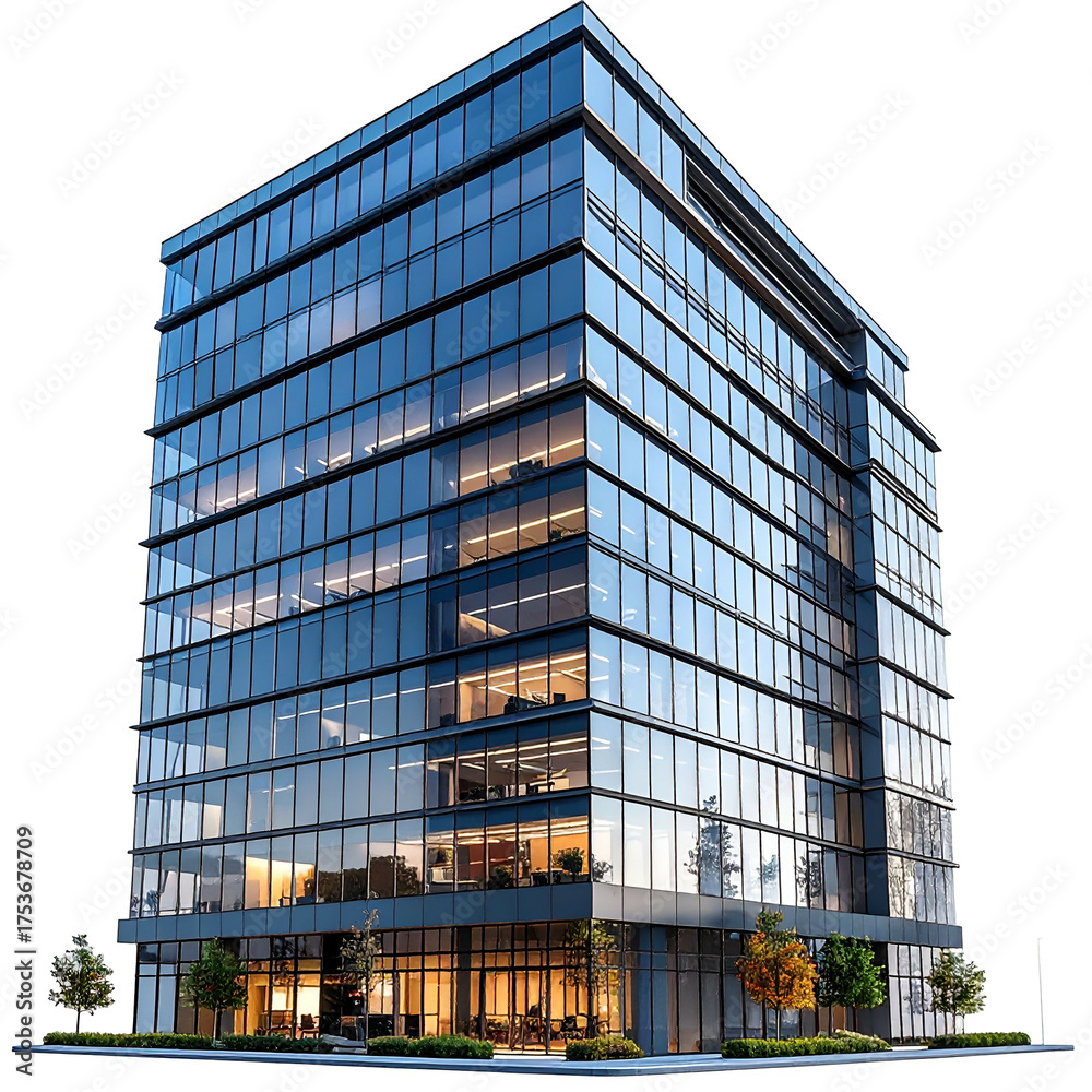 Fototapeta premium Modern high-rise office building with reflective glass facade and interior lights