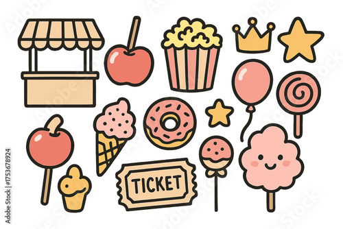 Fair Doodle Icons. Fair doodle icon set: hand drawn icons of stalls, candy apple, popcorn, crown, star, balloon, ticket, ice cream