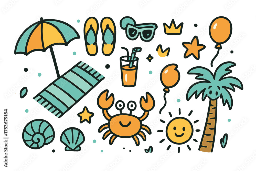 Fototapeta premium Beach Vacation Icons. Beach vacation doodle icon set: hand drawn icons of umbrella, towel, flip flops, sunglasses, juice, crown,