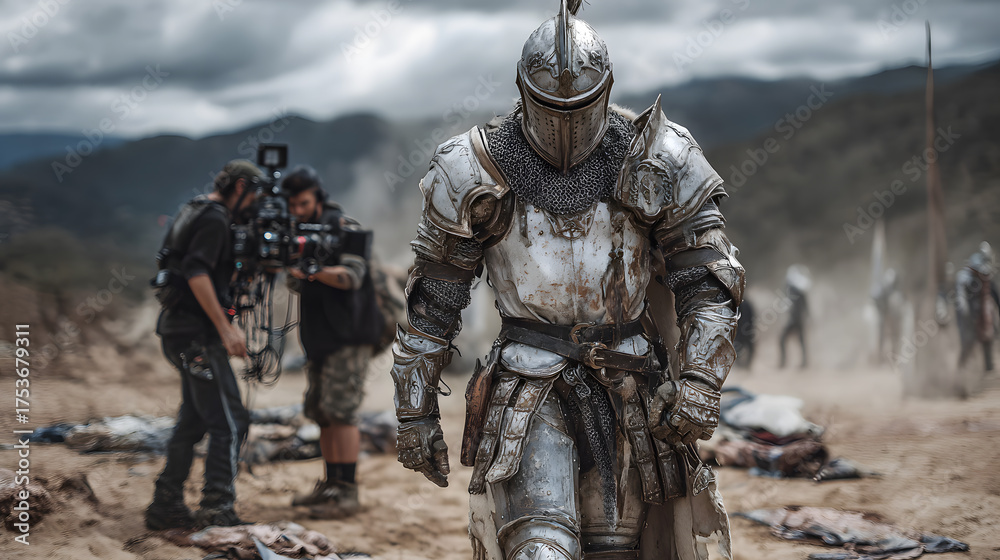 Fototapeta premium Medieval knight in shining armor walks through a desolate battlefield during film production in the mountains