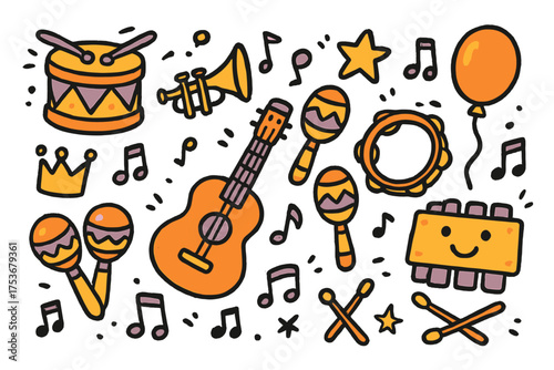 Toy Musical Doodle Set. Toy musical set doodle icon set: hand drawn icons of drum, trumpet, guitar, maracas, tambourine, notes,