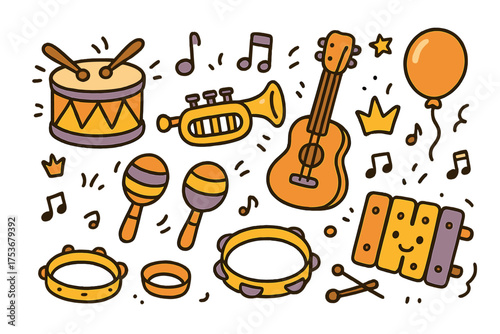 Toy Musical Doodle Set. Toy musical set doodle icon set: hand drawn icons of drum, trumpet, guitar, maracas, tambourine, notes,