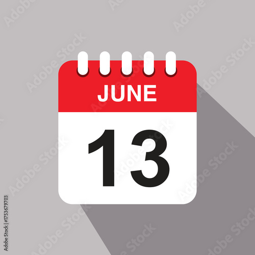 13 june calendar date icon. vector illustration with shadow design