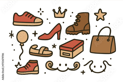 Shoe Shop Doodle Icons. Shoe shop doodle icon set: hand drawn icons of sneakers, boots, high heels, sandals, crown, star, balloon,