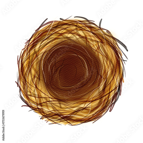 Beautiful nest from ocher and brown straw and branches. Watercolor digital illustration. For the design, decoration of textiles, wallpaper, wrapping paper, wrappers, covers, gifts, covers, stickers