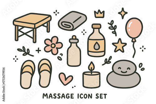 Massage Doodle Icons. Massage doodle icon set: hand drawn icons of massage table, towel, oil bottle, flower, crown, star, balloon,