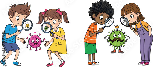 Children learning about viruses with magnifying glasses, cartoon germs, educational health science, kids exploring microbiology, fun biology illustration, teamwork study