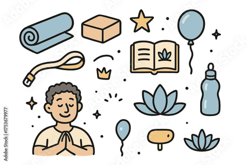 Yoga Doodle Icons. Yoga class doodle icon set: hand drawn icons of yoga mat, block, belt, crown, star, balloon, book, lotus, water