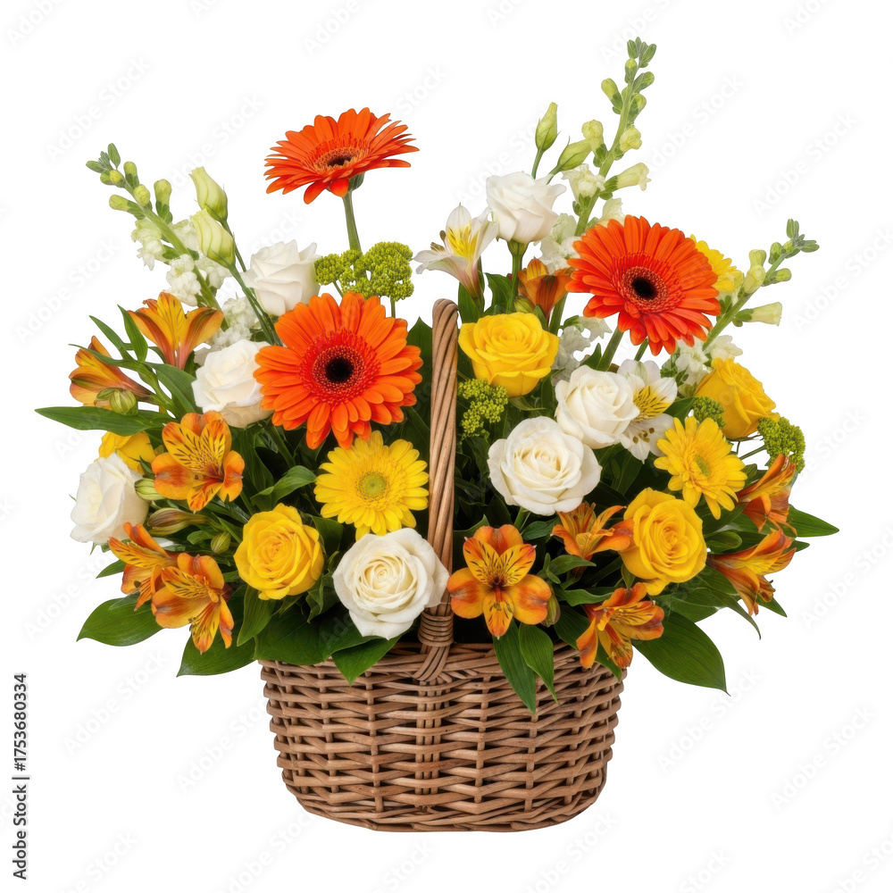Obraz premium Vibrant mixed flower basket arrangement with gerbera daisies roses and alstroemeria