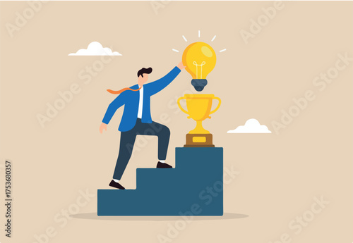 Flat illustration of businessman placing glowing lightbulb on golden trophy pedestal to celebrate successful innovative problem solving